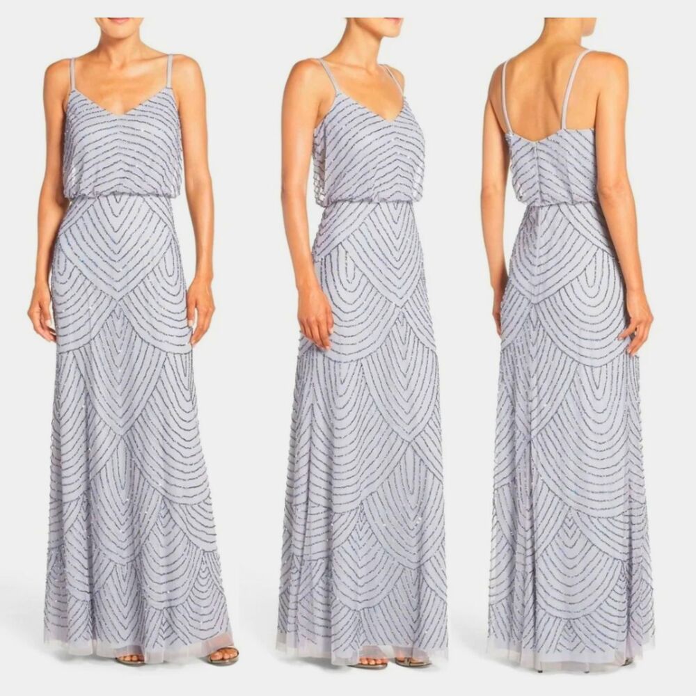 NWT Adrianna Papell Art Deco Beaded Blouson Gown Blue Mist SIZE 6